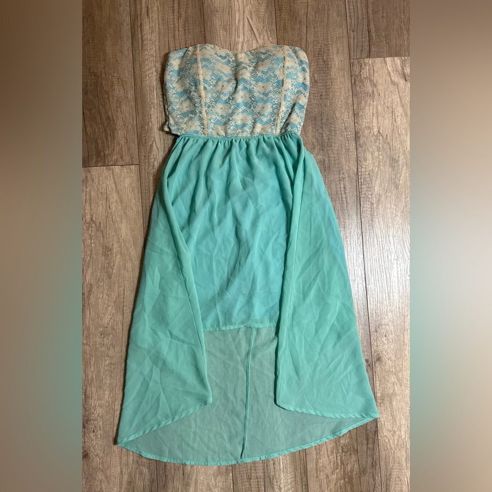Strapless Teal and Beige Lace Dress